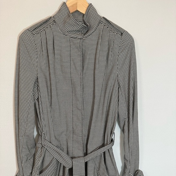 H&M Houndstooth Size 2 Long Trench Coat Belt Front Buttons Back Slit Pockets - Picture 1 of 16